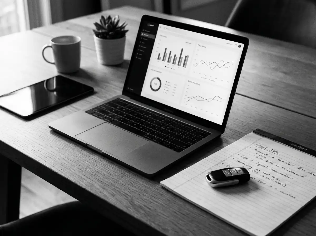 Laptop and notepad on desk
