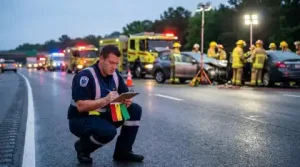 Paramedic crouching on highway